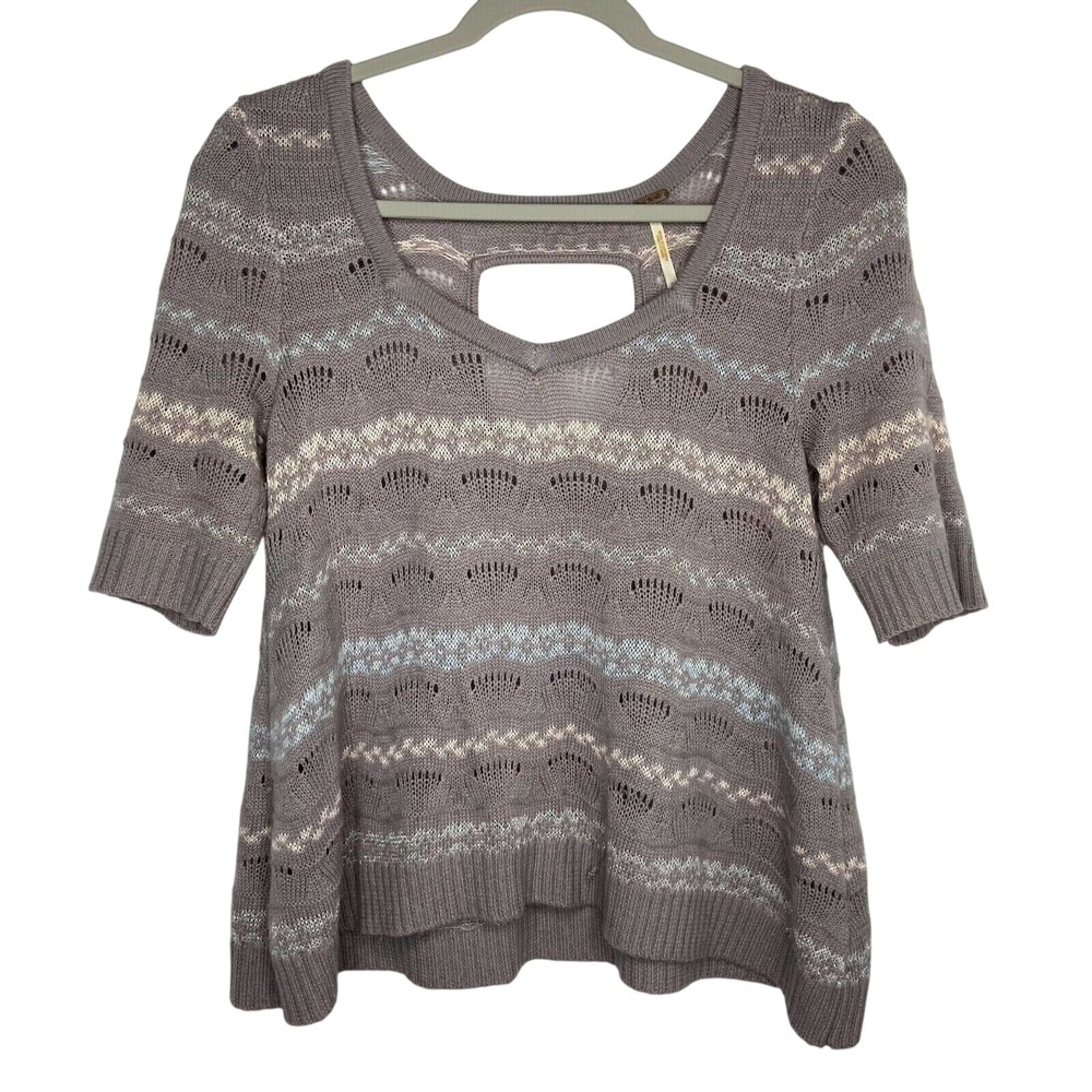 Free People Open-Knit Crochet Sweater Size Small Gray Short Sleeves Wool Blend